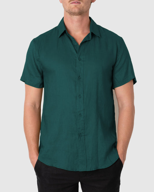 DESTii Forest Green Short Sleeve Linen Shirt